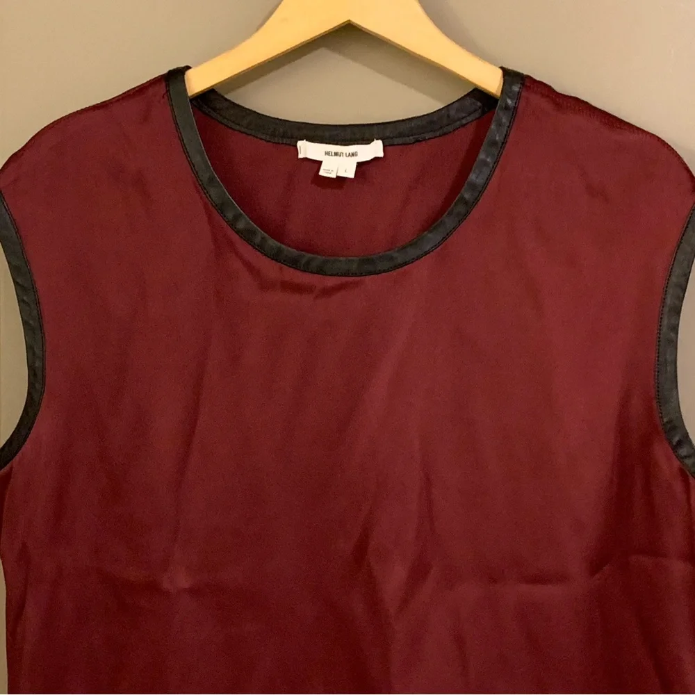 Helmut Lang Satin Burgundy With Black Lamb Leather Trim Tank Top Size L - Picture 2 of 10